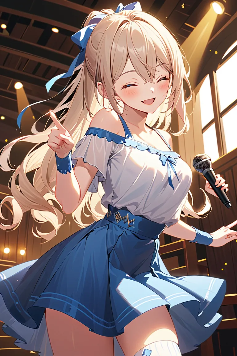 {{{masterpiece}}}, {{{best quality}}}, {{super detailed}}, { illustration of a woman with a penis }, {{Extremely Delicate and Beautiful}}, 8k,, hidden hair, hair bow, Off Shoulder Shirt,  elbow gloves , blue skirt, thigh high socks, absolute region with to...