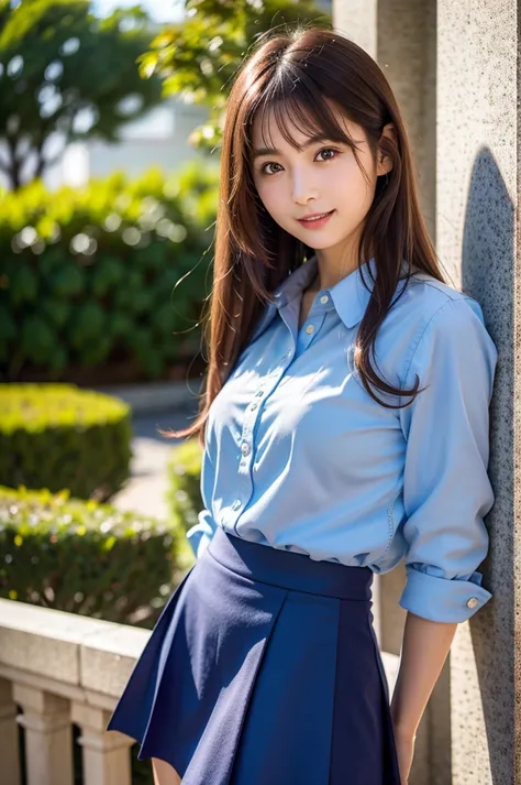 Japanese model in blue shirt and skirt posing for a photo,  y2k style, Araf girl in a blue shirt and skirt posing for a picture, Blue clothes, wearing a school uniform, looks at the camera、 beautiful eyes in every detail 、 cute smile、 Gentle and gentle exp...