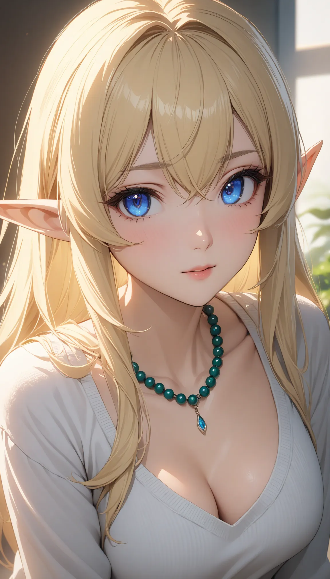 pointy ears, anime style, masterpiece, accurate, textured skin, high quality, best quality, highres, high details, super detail, elf, gorgeous adult woman, long neck, long blonde hair, bangs, perfecteyes eyes, cleavage, soft light, high quality, 4k resolut...