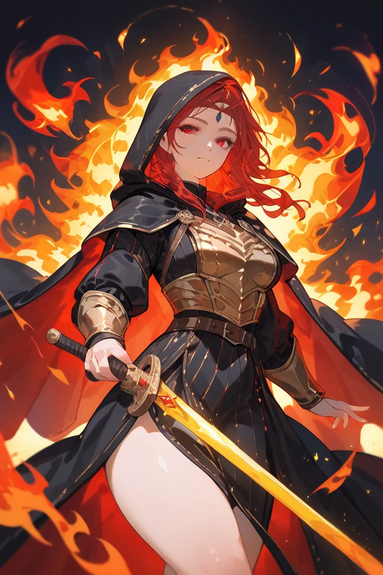 fantasy,fire mage,long red hair, black robe, golden armor, yellow design assentuating black robe, medieval robe and hood, beautiful, thick thighs, red eyes, flaming great sword, magic, arcane, magic rune, background sigil. 