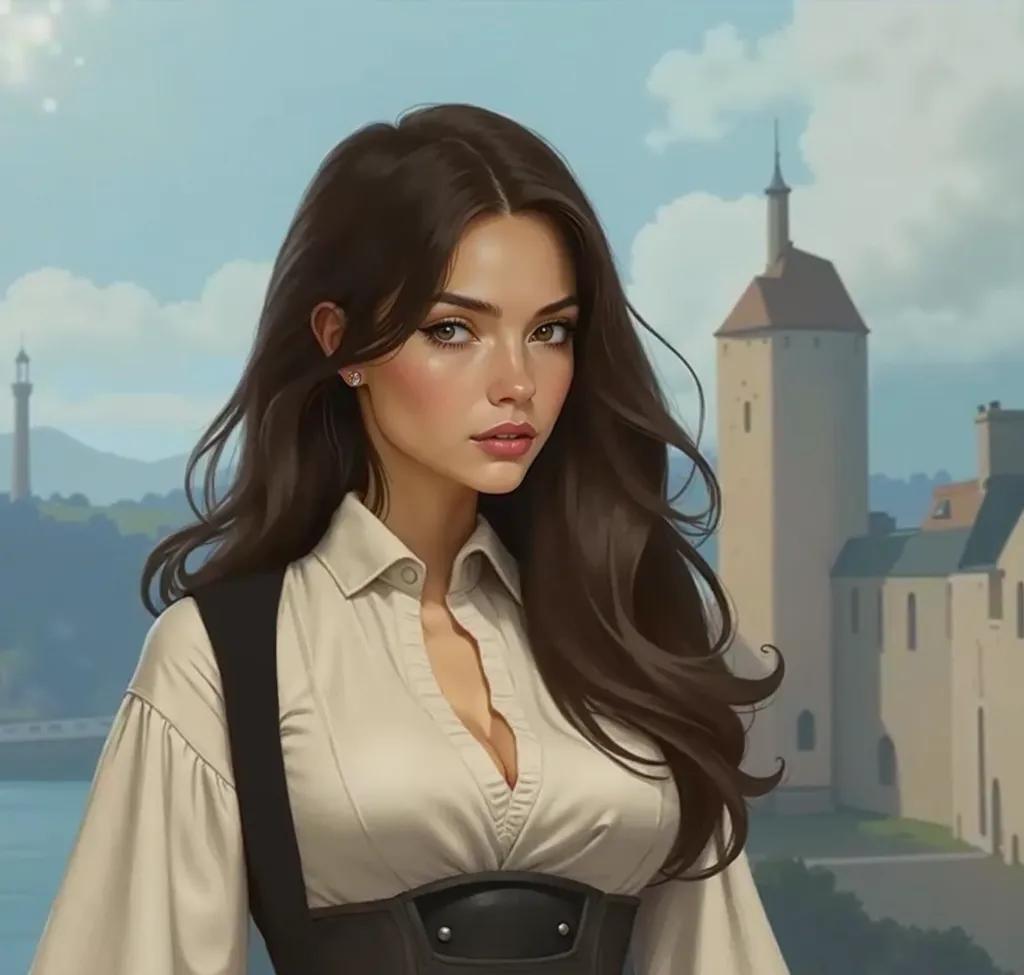 A young woman, with greyish brown eyes, curious and wary. Dark brown hair. Stunning.  Dnd artstyle, oil painting artstyle, digital illustration, manhwa like style