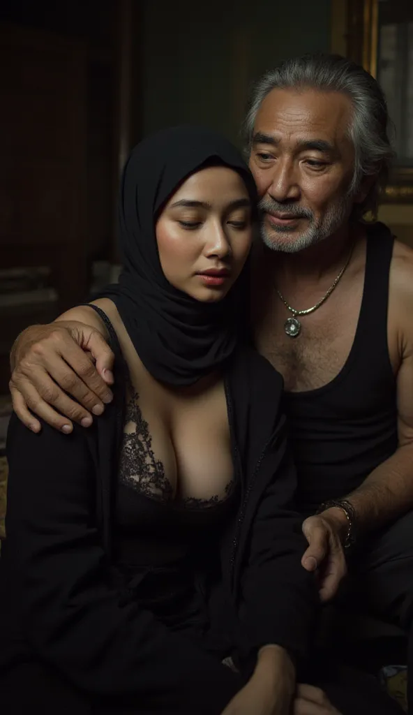 She having hug with ugly oldman. Place Egypt. Huge breast, very detailed. She is wearing a black hijab and black tank top. Hasselblad H6D-400c MS, low exposure, high contrast, ISO 100, with a 120mm macro lens.