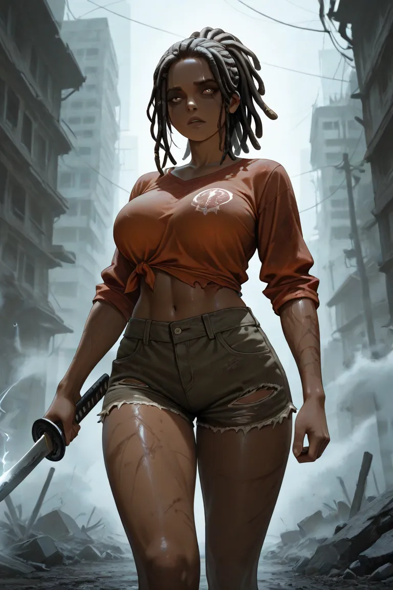 "Create a mega ultra realistic image of Michonne, de The Walking Dead, maintaining all the iconic features of the character, including her dreadlocks, dark skin and strong expression. she has big breasts, voluminous and sensual, highlighted by a tight and ...