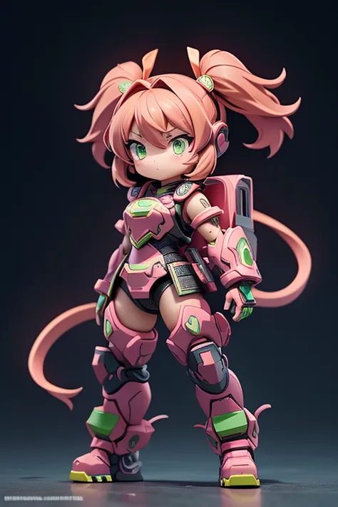 4K anime style quality, digital drawing mode, a fierce Chinese warrior with dark brown twin tails and green eyes, wearing her Shenlong IS battle armor, a striking pink and white exosuit, standing in a High-tech training field, full body, dynamic and aggres...