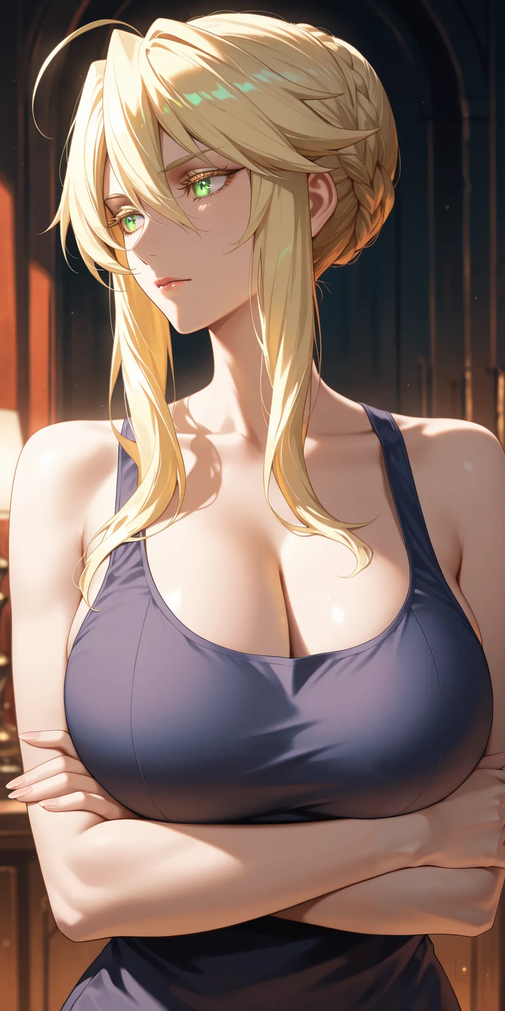 Masterpiece, very aesthetic, vibrant, high contrast, high resolution, ultra detailed, elegant mature woman, crossed arms, artoria Pendragon (lancer), tank top, milf, soft light, best quality, newest, Castlevania: nocturne anime style, upper body, colorful