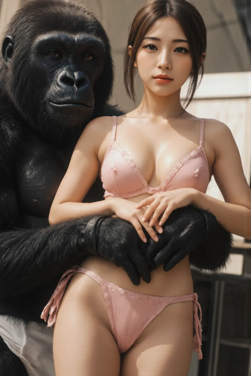 21 years old、 breasts are C cups 、 eyes that are slightly thin。 Wear a pink bra and shorts、 showing off my proud thighs 。Being held by a gorilla from behind。