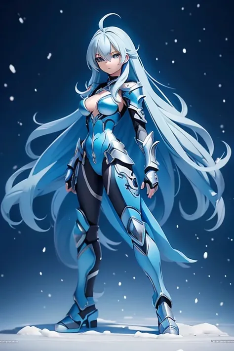 "4K anime style quality, digital drawing mode, a fierce yet elegant warrior with long icy blue hair, piercing blue eyes, clad in a form-fitting bodysuit with silver, standing on a snow-covered battlefield, full body, battle-ready stance, cinematic lighting...