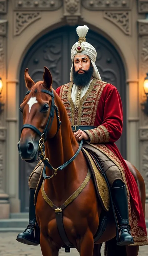 Selim III (1789–1807), a majestic and determined Ottoman ruler, sits confidently atop a powerful chestnut-colored Turkish warhorse in front of a grand 18th-century Ottoman palace gate. He wears traditional Ottoman military attire, including a deep-red embr...