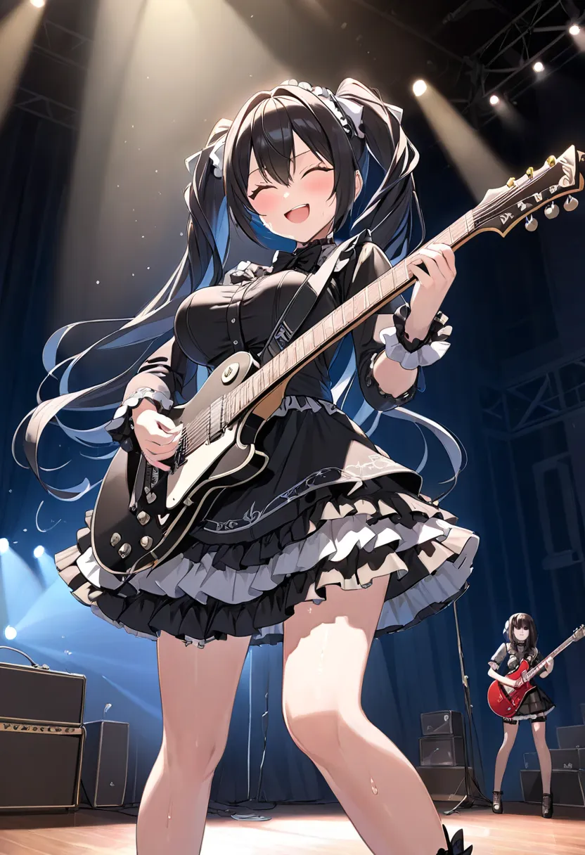 Highest quality,masterpiece,THE ALFEE,Twin neck guitar,Playing electric guitar,１People Girls,cute,Twin tails,Anime Style,Large Breasts,Gothic Lolita,In the spotlight,On stage,enjoy,smile,Sweat,