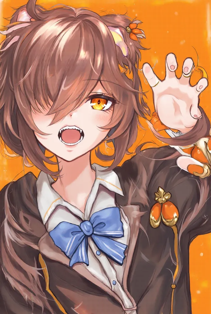 Realistic, 1girl,solo,animal ears,bow,teeth,jacket,tail,open mouth,brown hair,orange background,bowtie,orange nails,simple background,cat ears,orange eyes,blue bow,animal ear fluff,cat tail,looking at viewer,upper body,shirt,school uniform,hood,striped bow...