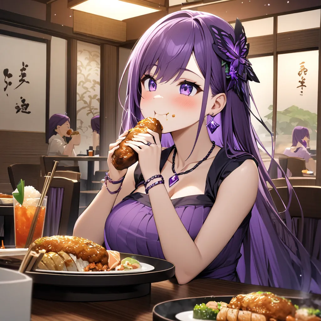 Meal scene

1 girl, Alone, smile, amethyst purple hair、large breasts, semi-long hair、amethyst purple tube top、Amethyst Purple Mini Pleated Skirt、amethyst purple bracelet、Amethyst Purple Necklace、amethyst purple earrings、amethyst purple ring、amethyst purple...