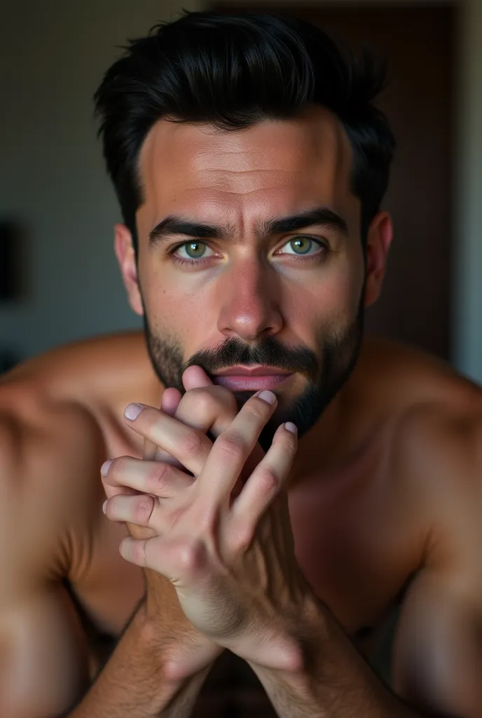 Black-haired man with a tight beard and green eyes holding his big, veined penis and giving a totally naked handjob