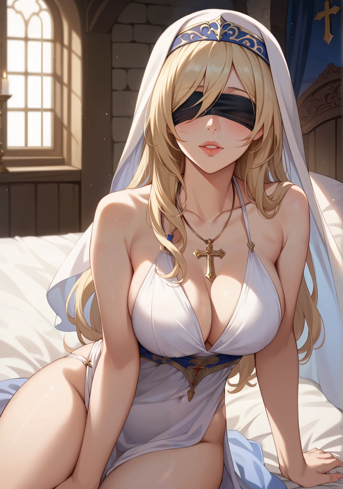 1girl, sword maiden, goblin slayer, blush, sexy pose, pale skin, full of details, blonde hair, blindfold, cross shaped necklace, old fantasy medieval inn, guest room, sitting on a bed, (night time:1.2), cinematic lighting, nsfw,