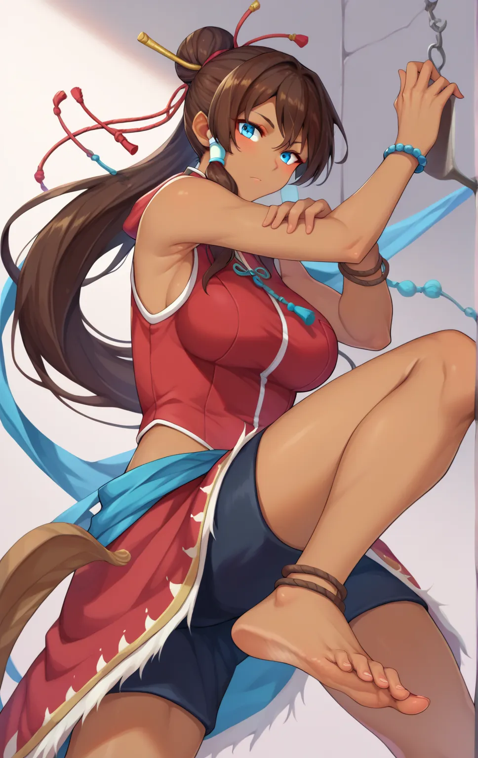 score_9, score_8_arriba, score_7_arriba, score_9,  ORDER OF RESTS/DXL, a girl, Alone , long hair, blue eyes, brown hair, bare shoulders pose, medium breasts,  of foot, ponytail, sleeveless, dark skin, mujer  of footl oscura, hair tubes, bracelets, bun, Ope...