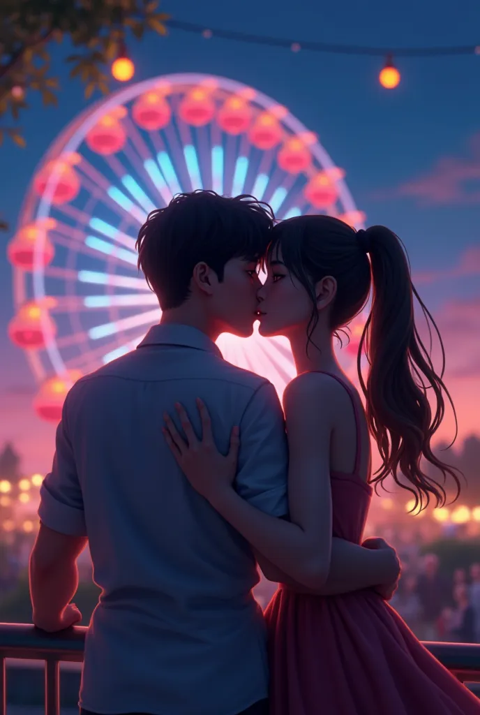 showing a couple riding a ferris wheel and kissing while dating at an amusement park, night view,Anime high quality ,4K,a woman's gentle expression,Macho with a man's hugging movements,Sophisticated Atmosphere,Delicate Texture,Light effects,romantic color,...