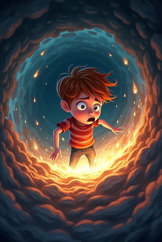 A swirl of energy is forming around as if it were falling into a black hole but colored in the time machine.. Max, the white boy with reddish hair, is getting caught in the vortex., with a panicked expression.  ANIMATED STYLE  