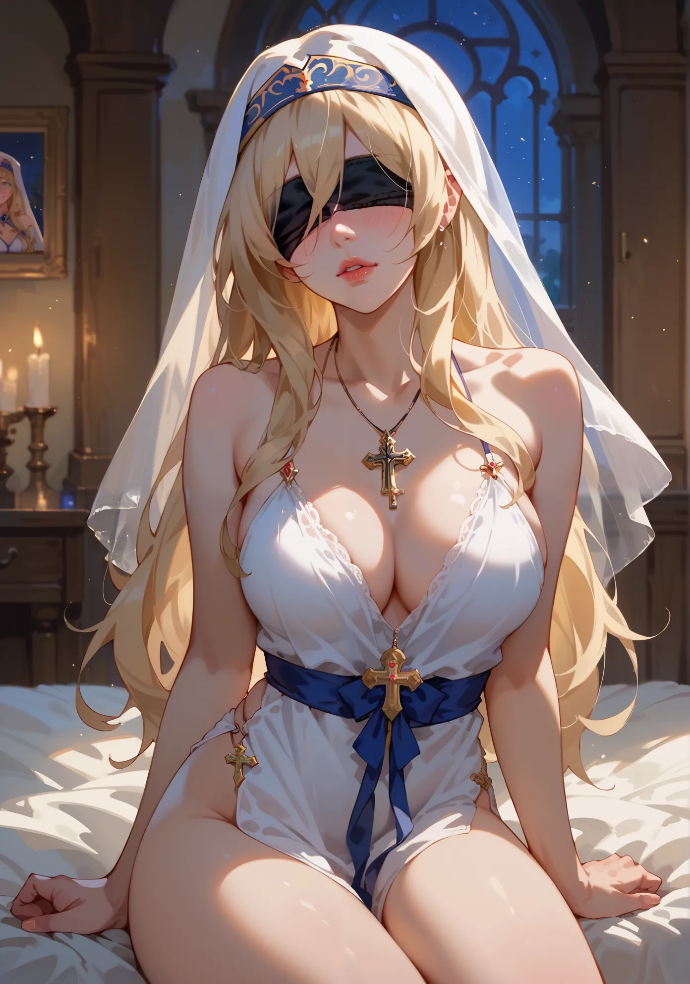 1girl, sword maiden, goblin slayer, blush, sexy pose, pale skin, full of details, blonde hair, blindfold, cross shaped necklace, old fantasy medieval inn, guest room, sitting on a bed, (night time:1.2), cinematic lighting, nsfw,