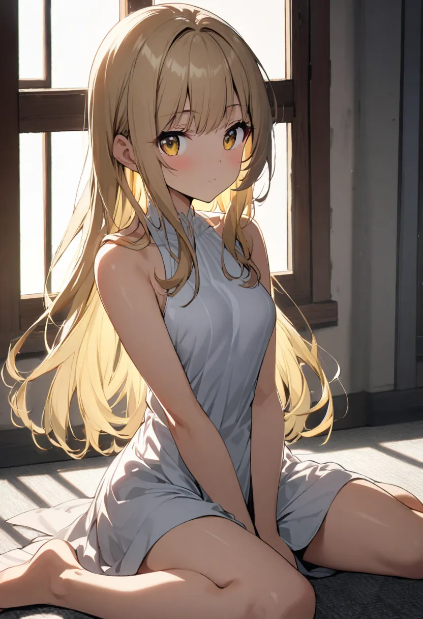 1girl, solo, long_hair, indoors, sleeveless, sitting, window, blonde_hair, closed_mouth, bare_shoulders, breasts, bangs, looking_at_viewer, brown_eyes, between_legs, hand_between_legs, dress, backlighting, barefoot, wariza, eyebrows_visible_through_hair, b...