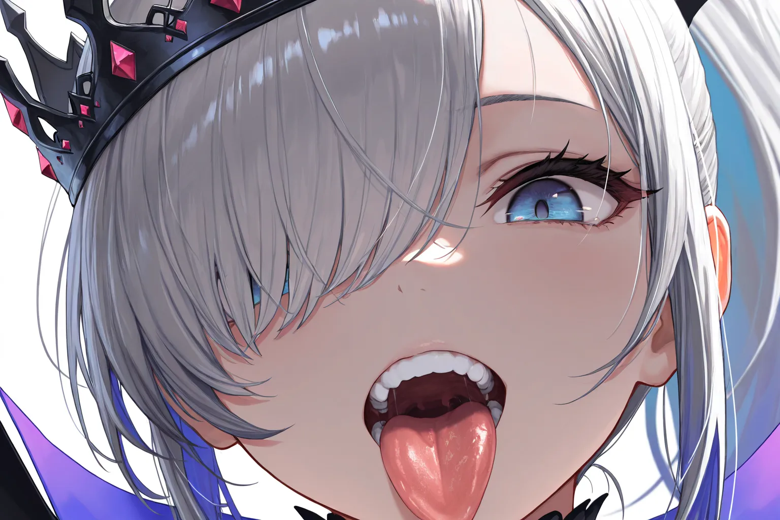 masterpiece,best quality,amazing quality,very aesthetic,absurdres,newest, 1girl, Silver Hair, Ponytail, Multicolored Hair, Hair Over One Eye, Teeth, Tongue Out, Crown, Close-Up, extreme aesthetic, masterpiece,best quality,good quality,newest, very aestheti...