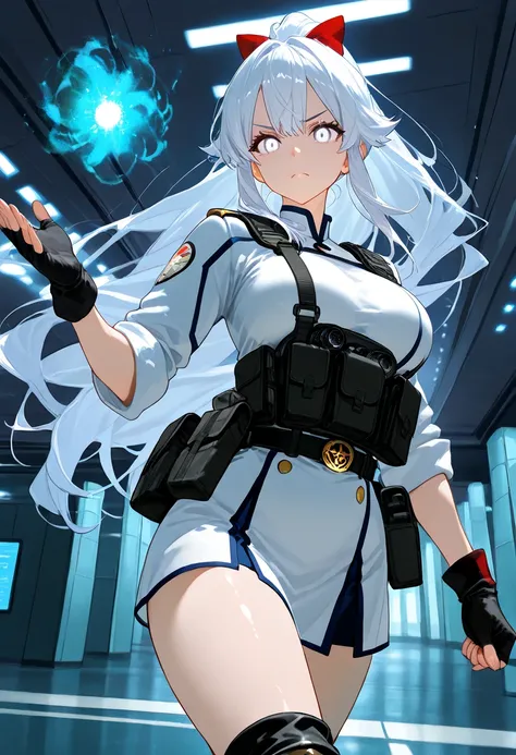 A high-ranking female soldier, feared and revered wherever she goes—a flawless fusion of modern military precision and arcane magic. She is fully visible, clad in a pristine white military uniform with a fitted tactical vest, multiple pouches, reinforced u...