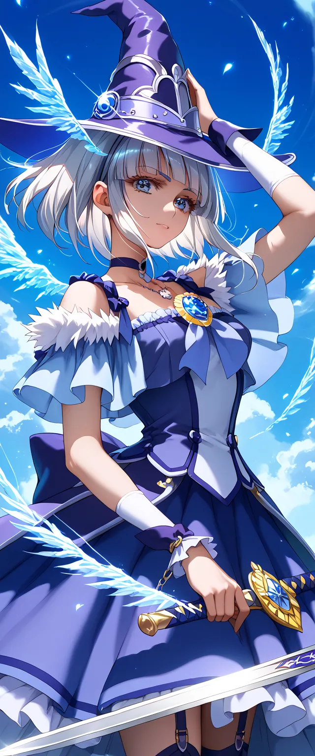  Detailed Background、 Glowing skin with belts 、  pose  、 rating safety 、Half an eye、 Bewitching Mischievous Smiles 、  Cure Beauty 、  Very beautiful anime style、（  Silver Hair）、 dark aura 、Ice Sword