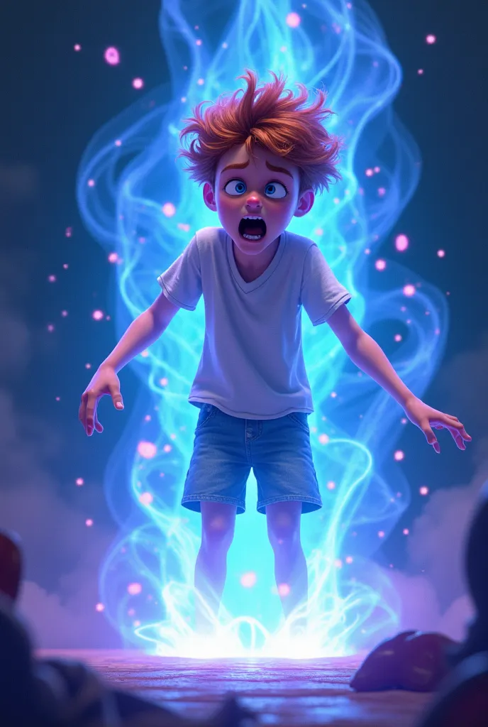  Max, the white boy with reddish hair, was screaming as he disappeared in a flash of blue and violet light (animated style) 