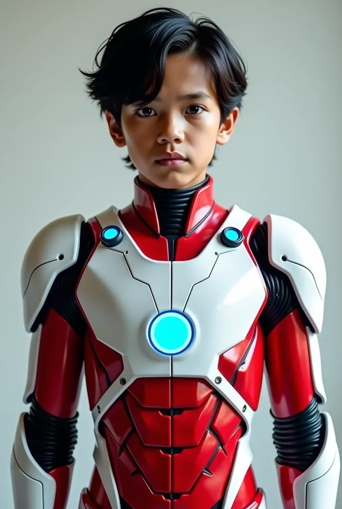 Boy malay Indonesia wear red white exoskeleton. Robot face on body. Led nipple blue. Black hair little white hair detail. . 19 year old boy. Wavy hair. Tan skin. High tech suit. Mirage armor . Taking anger robot face red. Emoji robot. Robot logo. Mechanize...