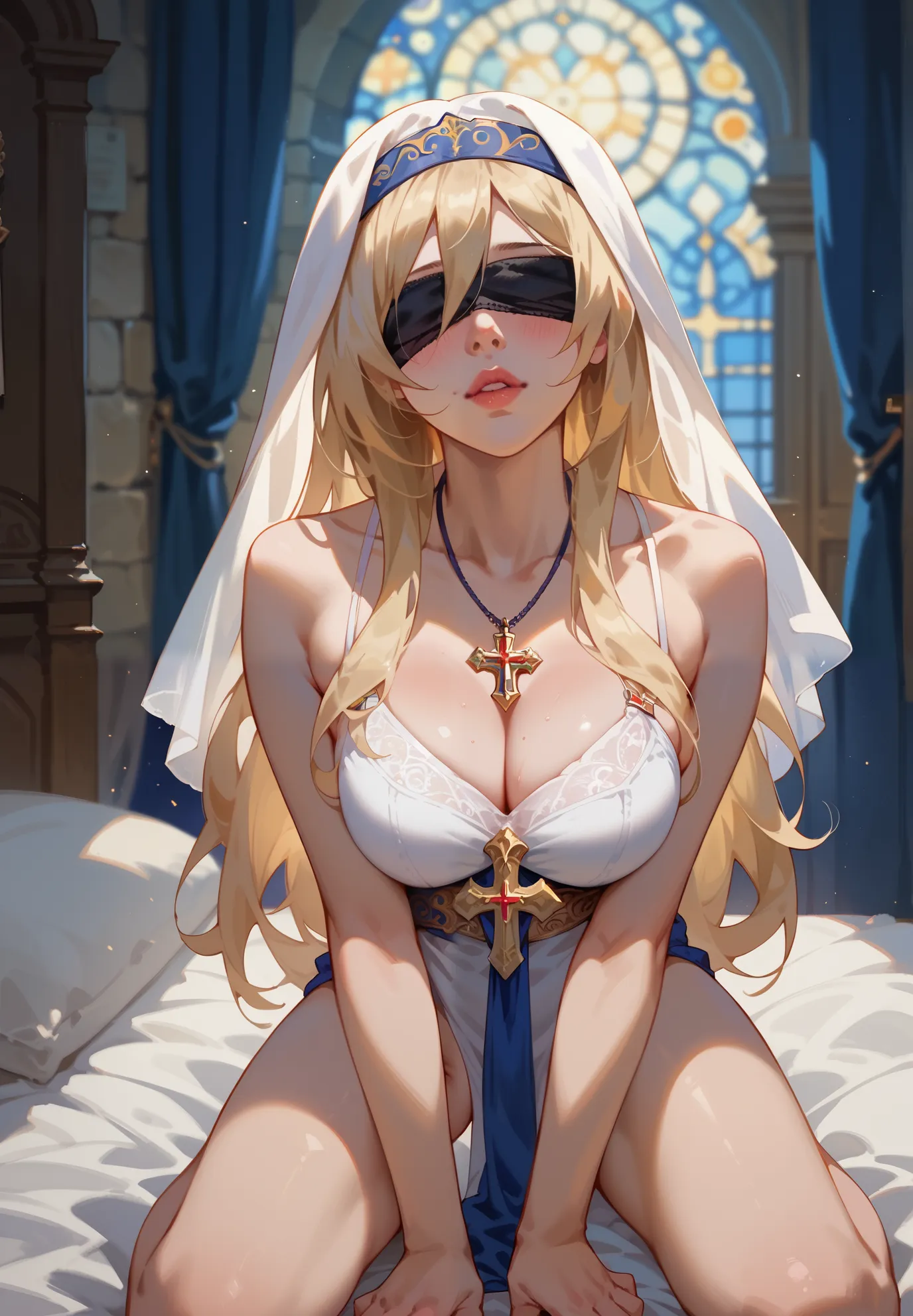 1girl, sword maiden, goblin slayer, blush, sexy pose, pale skin, full of details, blonde hair, blindfold, cross shaped necklace, old fantasy medieval inn, guest room, kneeling on a bed, (night time:1.2), cinematic lighting, nsfw,