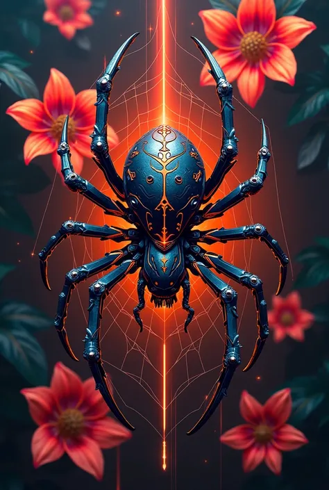 tatouage d'une araignée de taille moyenne qui file des toiles sur une lycoris radiata style du tatouage : Cyberpunk tribal