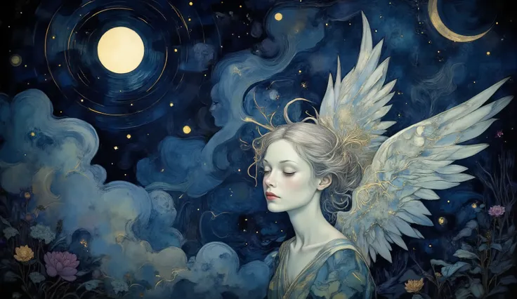 A digital illustration of a full eclipse where an angel, with glowing wings, envelops the moon in shadow, resembling the style of Hayao Miyazaki, the moon faintly visible through the angel's silhouette, soft blues and purples, the angel's face serene and c...