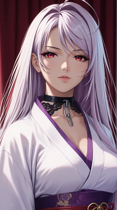 vampire moka akashiya, long hair, red eyes, ahoge, white hair, large breasts, (white kimono-tops, long kimono sleeve with purple ruffle lace trim),voluminous A-line multilayer tiered skirt with purple ruffled lace trim, ballgown silhouette, crinoline,purpl...