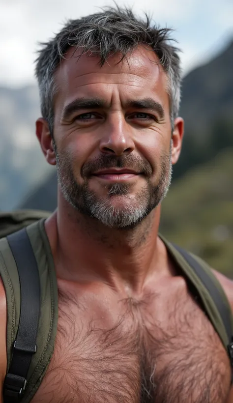 masterpiece, best quality, high resolution, closeup portrait, male focus, solo focus, a man, pretty shirtless sweaty hairy guy hiking, bending over camera perspective, dark and silver hair, 42 years old, hiking and climbing, view from below, scruffy, clo...
