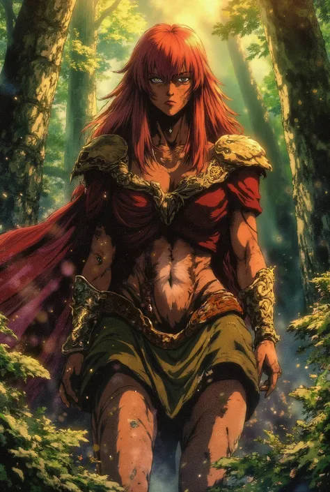 red-haired woman, alterophilist, green eyes, white skin with freckles, Celtic clothing, Boadiceia, Celtic warrior, in a forest, medieval