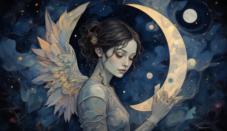 A digital illustration of a full eclipse where an angel, with glowing wings, envelops the moon in shadow, resembling the style of Hayao Miyazaki, the moon faintly visible through the angel's silhouette, soft blues and purples, the angel's face serene and c...