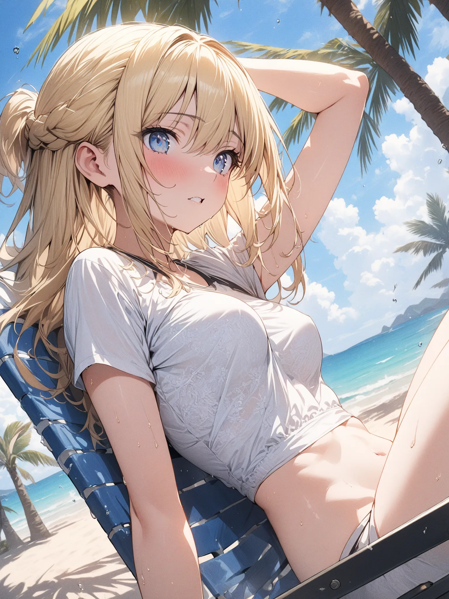 (masterpiece, detailed:1.2), One Girl, (18-years old), blonde half updo, Medium Breasts, sky blue eyes, BREAK, Highest quality, on beach chair, Random Pose, Random angle,