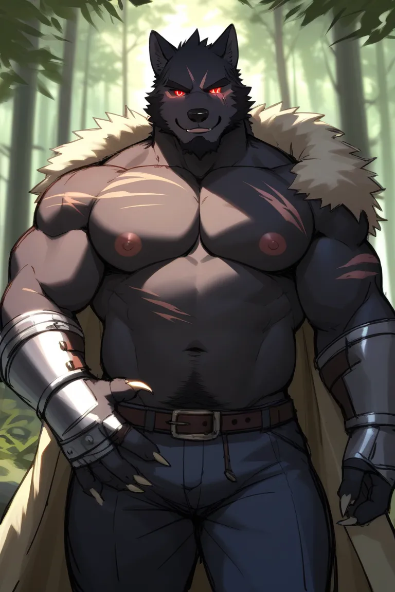 Mature male, anthro, bara, musclegut:0.2, tall, (small waist), (biceps, thic arms), (thick jaw), (broad chin), (kemono), (black wolf), black fur, black skin, large pectorals,soft lighting, scar on face, ( detailed eyes, Red colored eyes， sharp claw ，sharp ...