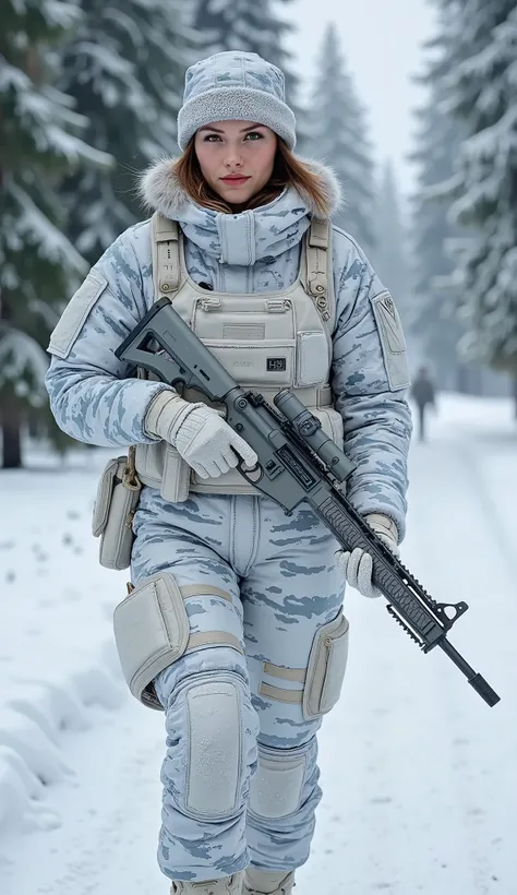 A beautiful and elegant young woman, serving as a distinguished officer in the army, strides forward with grace and determination through the frozen battlefield of a snow-covered pine forest. Her sharp, focused eyes scan the surroundings, displaying tactic...