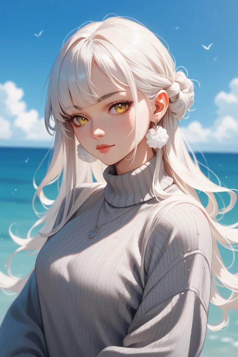 A girl with long white curls and yellow eyes in a gray sweater and a white shirt against the sea