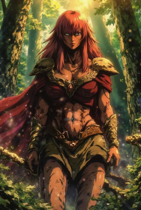 red-haired woman, alterophilist, green eyes, white skin with freckles, Celtic clothing, Boadiceia, Celtic warrior, in a forest, medieval