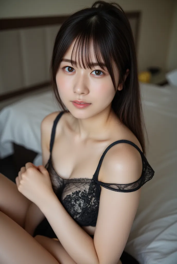 (top quality、4K、High Resolution)、Tiny Japanese woman in black and white lace lingerie、Show Me My Skirt、 spread your legs 、small bust、hotel、 smiles at the camera、ponytail、