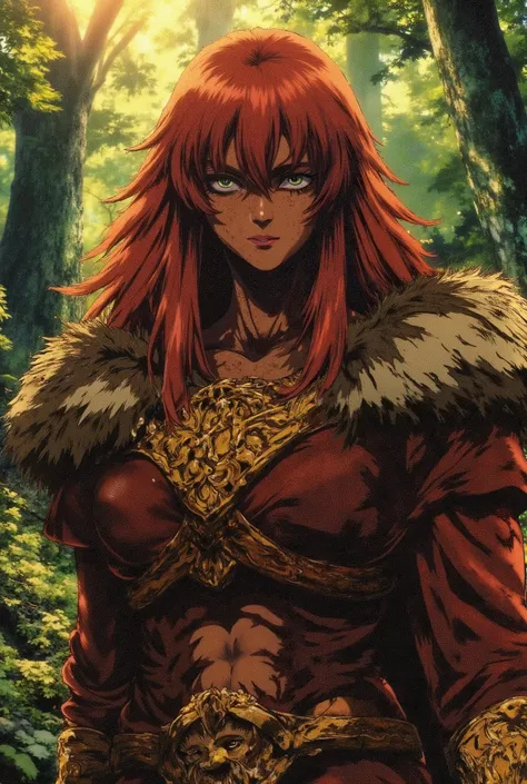 red-haired woman, alterophilist, green eyes, white skin with freckles, Celtic clothing, Boadiceia, Celtic warrior, in a forest, medieval