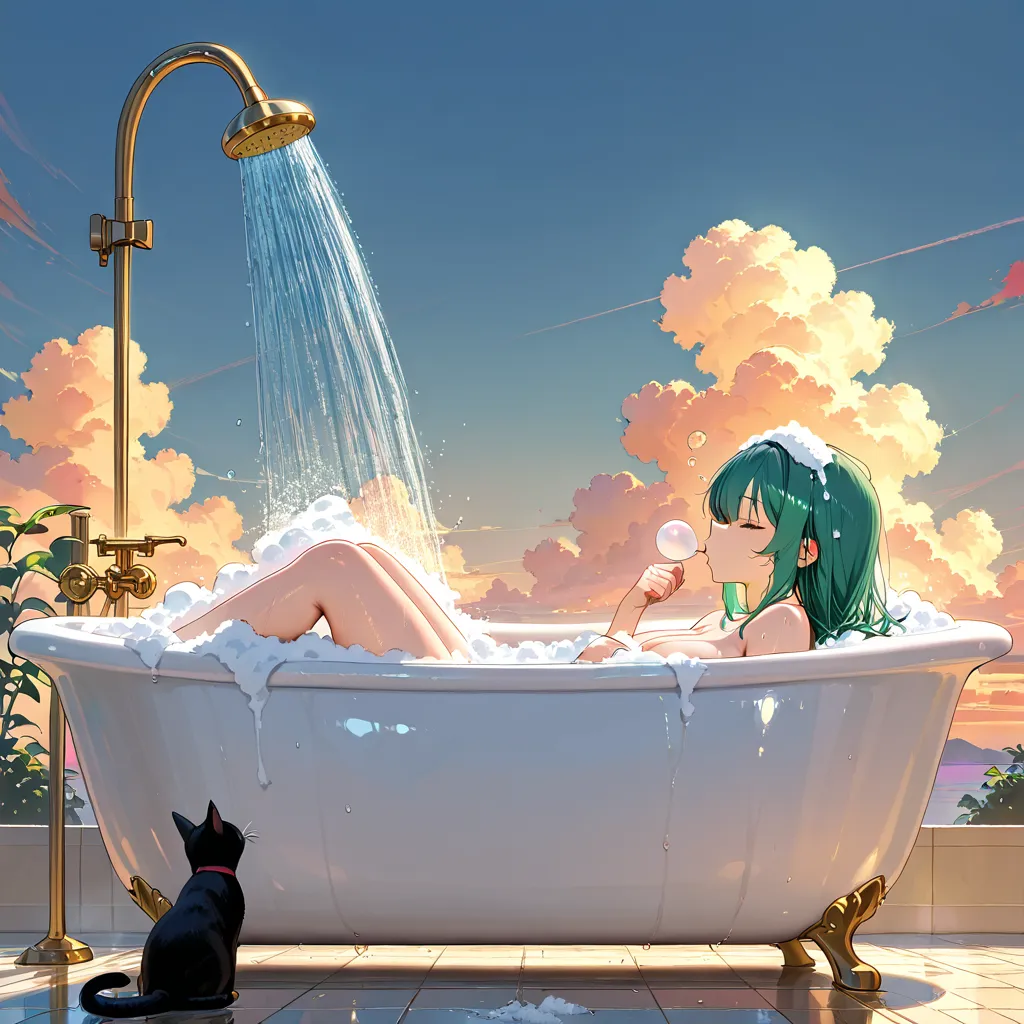 1 woman, Semi-realistic, photograph,  nostalgic , from front side, shining green hair, busty ,wet skin, outdoor, is relaxing in a vintage-style clawfoot bathtub filled with thick, the head is the edge of the bathtub, outdoor bath,  evening sky with cumulon...