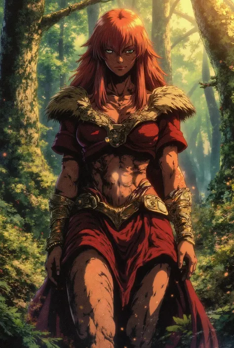 red-haired woman, alterophilist, green eyes, white skin with freckles, Celtic clothing, Boadiceia, Celtic warrior, in a forest, medieval