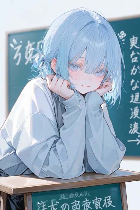 masterpiece、 best quality、Good quality、 average quality 、 very detailed、 very beautiful、 absurd、 blurry background、 depth of writing、 natural light、 soft writing 、Good move 、 detailed eyes drawn on the board、light blue hair tied at the top、sensitive、hidd...