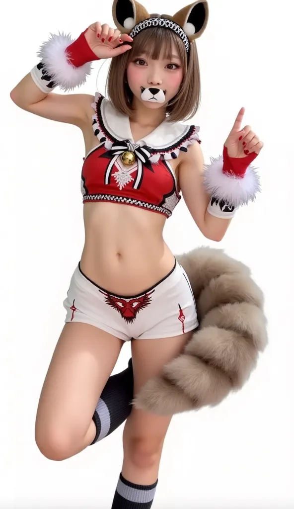 anime, cheergirlfront), Very detailed ,she wearings badger muzzle(on her mouth&nose ), badger motif cheer costume, high kick pose,arms up, badger solo tail, badger ears headband, arm cover, knee high socks with white boa on rib. collar with cat bell, fur c...