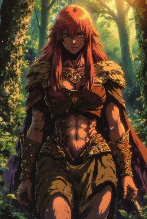 red-haired woman, alterophilist, green eyes, white skin with freckles, Celtic clothing, Boadiceia, Celtic warrior, in a forest, medieval