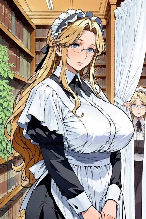 mature woman, old lady, 60 years old, upper body, blonde hair, curtain bang, long hair, blue eyes, perfect eye, glasses, looking at viewer, large breast, saggy breast, maid, long skirt, head band, curvy, plump, foliage, library, bengus, masterpiece