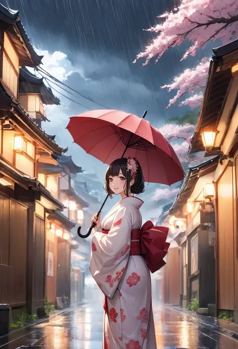 morning、rain、cherry blossoms、Cheerful、Bad weather、Heart pounding、discovery、go,Kyoto、umbrella、 kimono、Maiko