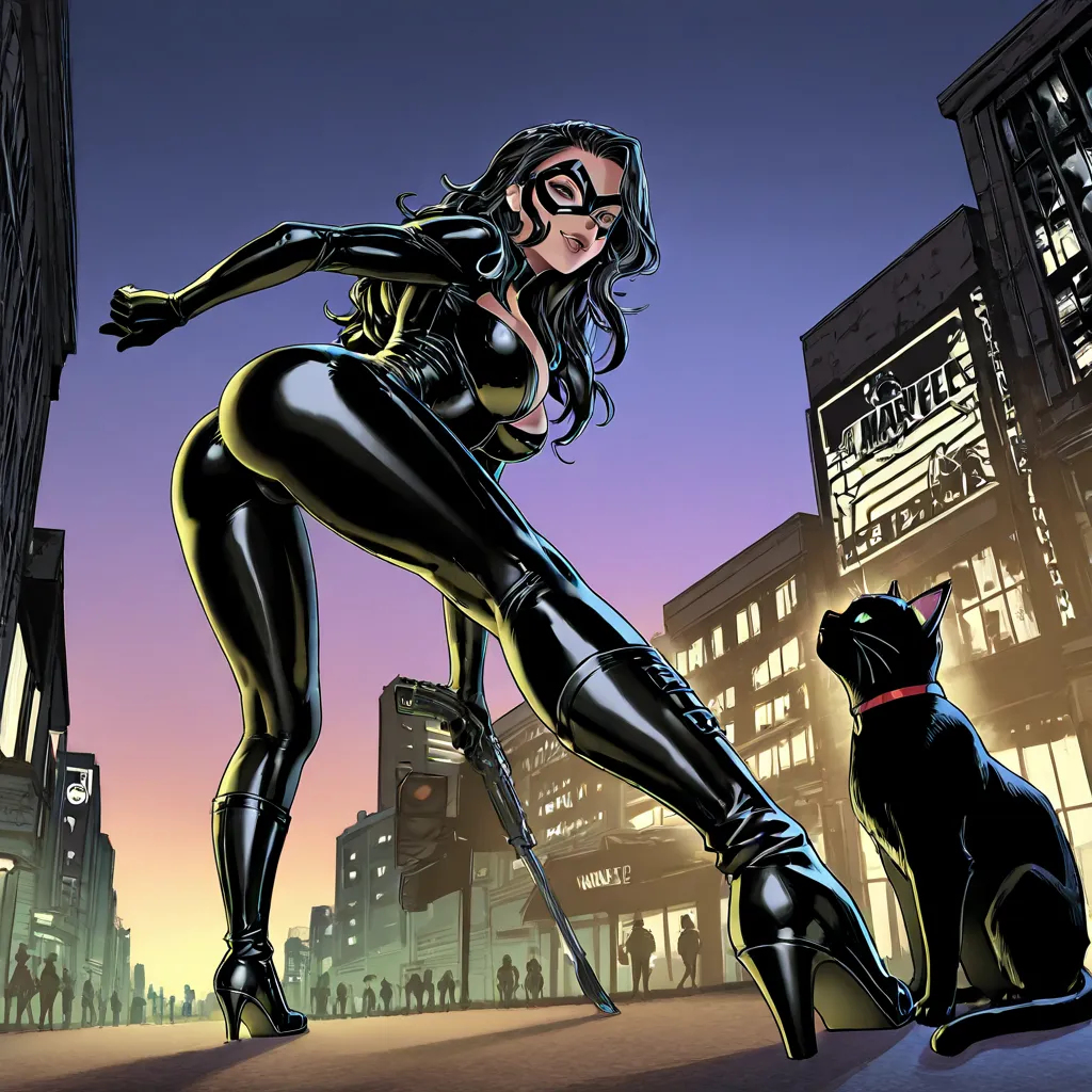 Digital illustration by Felicia Hardy, alias Black Cat, from the Marvel Comics universe. Seductive and cunning 25-year-old woman, of approximately 1.70 m high, with an athletic and slender figure. dark hair and piercing eyes that radiate mystery and cunnin...