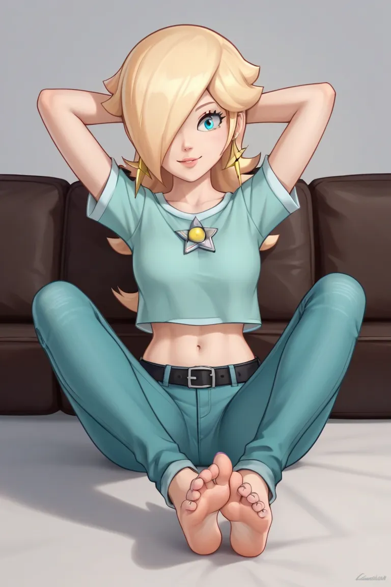 score_9, score_8_up, score_7_up, source_anime, rosalina, blonde hair, blue eyes, hair over one eye, long hair, star earrings, solo, cowboy shot, black t-shirt, taut clothes, tight shirt, midriff, navel, jeans, black belt, arms behind head, smile, sitting, ...